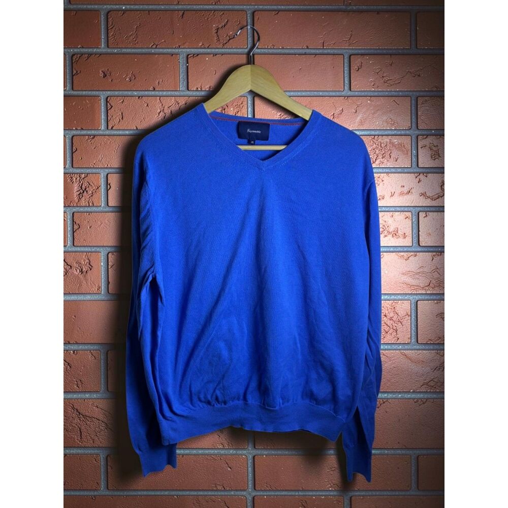 Faconnable Blue V Neck Sweater Men's XL Lightweight Knit Pullover